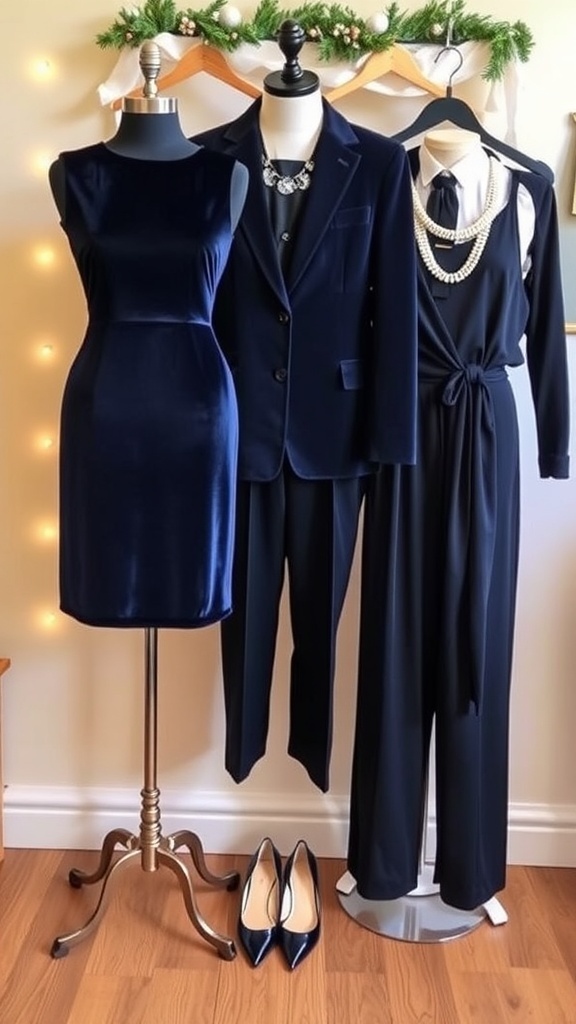 A collection of navy Christmas party outfits including a velvet dress, blazer, and jumpsuit, styled with festive accessories.